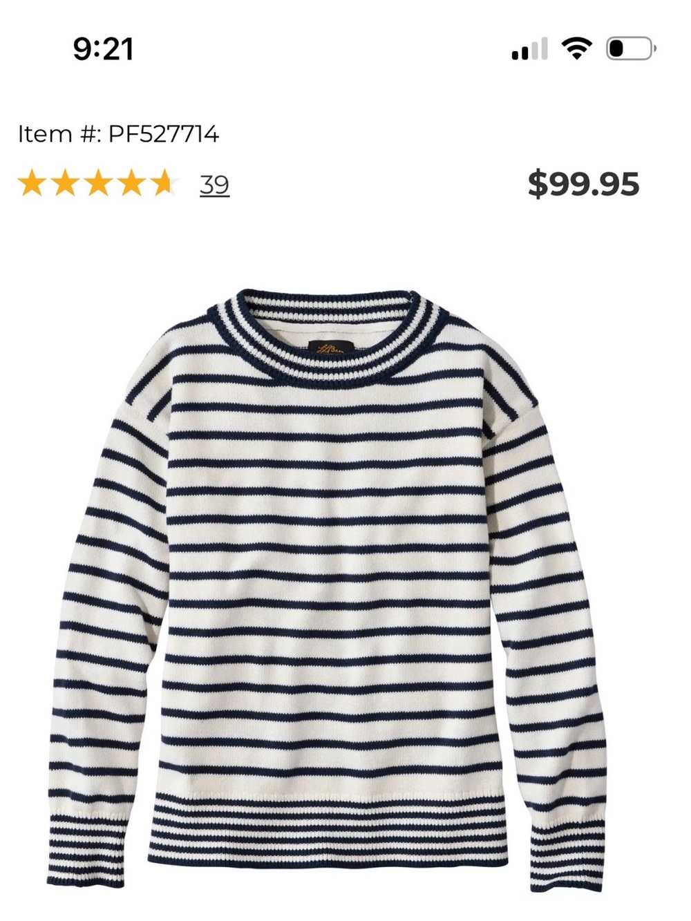 LL Bean signature Striped Crewneck Sweater - Navy & White